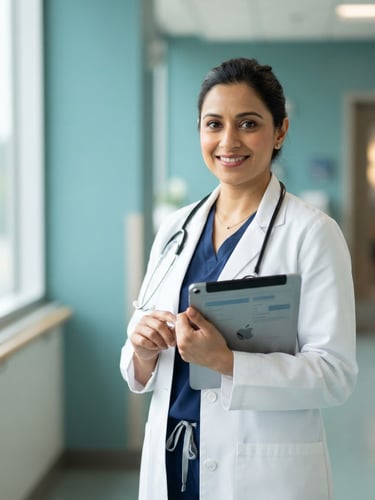 Medium shot of a professional doctor in a clean white coat holding a digital tablet, bright natural daylight, calming teal background, sharp focus