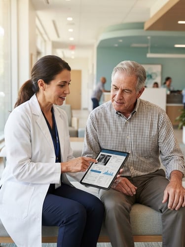 Medium shot of a professional doctor in a clean white coat discussing a digital tablet with a patient in a bright, modern clinical lobby, warm daylight, 35mm lens