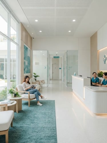 Bright clean clinical photography of Klinik Taruma modern lobby, soft natural daylight, calming teal and white tones, sharp focus, 35mm lens