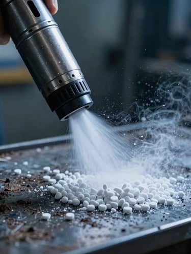 Tight macro shot of a heavy-duty dry ice blasting nozzle spraying solid CO2 pellets onto a soiled steel surface, cold blue high-contrast industrial lighting, dramatic kinetic energy.