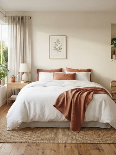 Bright, sunlit room interior with a freshly made bed, crisp white sheets, and terracotta accents, wide-angle lens, natural morning daylight.