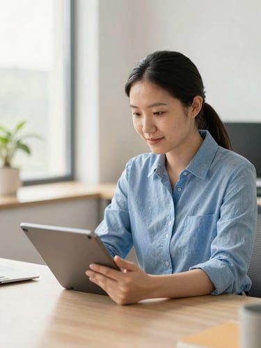 A professional NDIS support coordinator working in a bright, sunlit office, reviewing a digital tablet with a calm, focused expression, soft natural daylight, warm editorial style.
