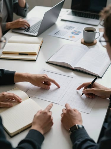 Wide shot of a small agency strategy session at a cluttered table — notebooks open, a laptop screen visible, hands pointing at printed content calendars, overhead natural light