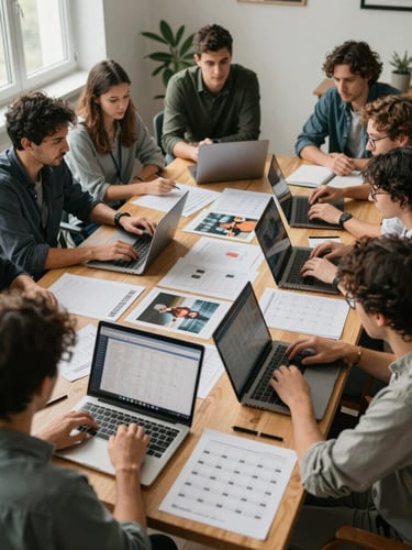 Wide shot of a small agency team gathered around a wooden table covered in printed content calendars and laptops, one person gesturing at a printed photo, natural light from a window on the left, documentary framing from above and slightly to the side, warm parchment tones, no faces in focus