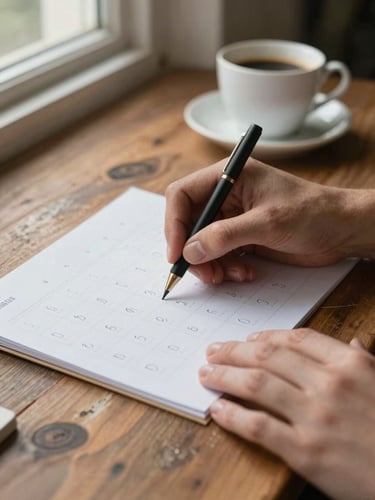 Close-up of hands tracing a handwritten seasonal calendar on a worn wooden table, natural window light from the left, a coffee cup blurred in the background
