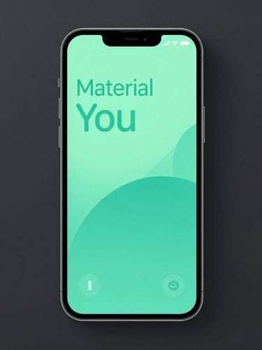 Front-on high-fidelity vector mockup of a sleek Android phone displaying a modern Material You interface with electric mint accents, soft teal backlighting casting a glow on the right edge, dark slate background.