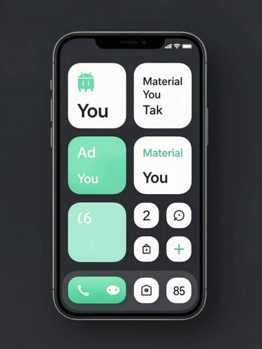 Front-on vector mockup of a sleek Android device displaying a high-contrast native interface with large, tactile buttons and fluid Material You elements, mint accents, dark slate background.
