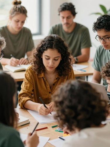 Portrait of a diverse group of adults and youth engaged in a collaborative workshop, focused on a shared task, warm editorial photography, soft natural daylight, rich organic tones, authentic human interaction, medium depth of field, 35mm lens.