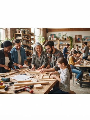 Wide panoramic shot of diverse people collaborating in a vibrant community learning environment, with hands-on activities and engaged faces, soft natural daylight, rich organic tones, medium depth of field, 35mm lens, subject slightly off-center to the left.
