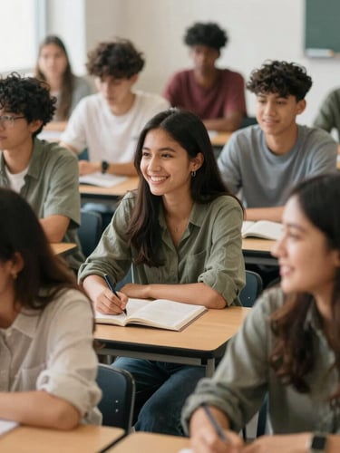 A diverse group of students, smiling, engaged in a modern classroom setting, collaborative learning, soft natural daylight, rich organic tones, authentic human interaction, medium depth of field, 35mm lens