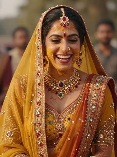 Warm editorial portrait of an Indian bride laughing during her haldi ceremony, golden-hour ambient light, rich saturated jewel tones, cinematic depth of field, 35mm film style