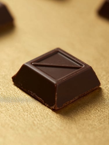 Macro close-up of a single geometric dark chocolate piece resting on a clean gold surface, dramatic side-lighting, deep shadows.