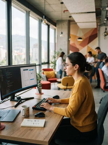Bright modern workspace in Skopje, natural daylight through tall windows, professional tech setting with soft red and yellow accents, shallow depth of field, 35mm photography