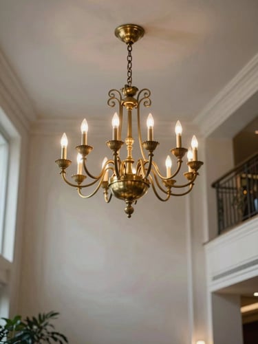 Elegant hotel lobby with a grand brass chandelier casting soft diffused light on plaster walls