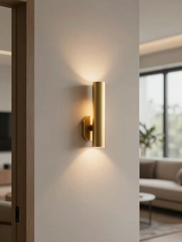 Modern residential living room, soft natural light, matte brass wall sconce casting warm light