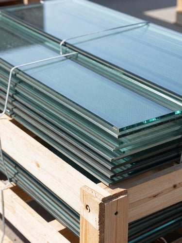 Close-up of industrial wooden export crates packed with architectural glass sheets, steel bands, cool bright daylight, warehouse setting