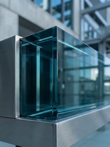 Macro detail shot of a flawless glass edge showing low-iron optical clarity, cool glass-blue tone, crisp industrial studio light