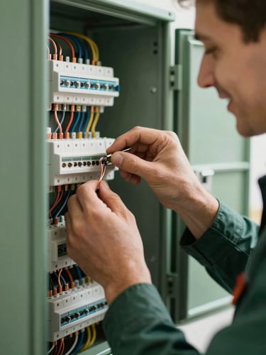 Close-up of a friendly male electrician's hands carefully working on a neat copper wiring setup in a modern electrical panel, soft natural indoor daylight, rich forest green and charcoal tones, shallow depth of field.