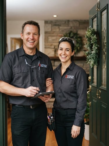 Warm portrait of two friendly electricians, one male and one female, smiling at the front door of a London, Ontario home, soft natural indoor daylight, rich forest green and charcoal tones, shallow depth of field, looking trustworthy.