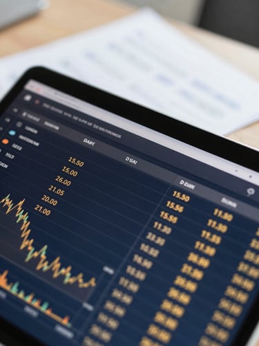 Close-up of a clean digital dashboard displaying financial data, with neat physical paperwork in the background, bright natural office light, shallow depth of field, professional editorial photography, navy and warm gold tones