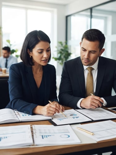 Professional CA and CS collaborating over documents in a modern, well-lit office, focused expressions, deep navy and warm gold tones, professional editorial photography, bright natural office light, shallow depth of field