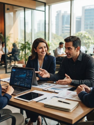 Professional advisory team collaborating in a modern, well-lit Gurugram office, focused on digital dashboards and neat physical paperwork, bright natural light, shallow depth of field, navy and warm gold tones, medium-close shot.