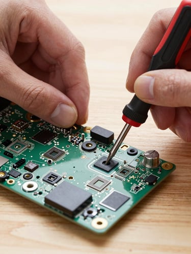 Macro close-up of precise hands using a professional screwdriver to repair a laptop motherboard on a clean wooden desk, bright natural daylight, highly detailed tech components.