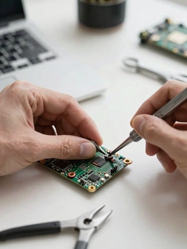Macro close-up of precise hands repairing a laptop motherboard with professional tools on a clean white desk, bright natural daylight, shallow depth of field.