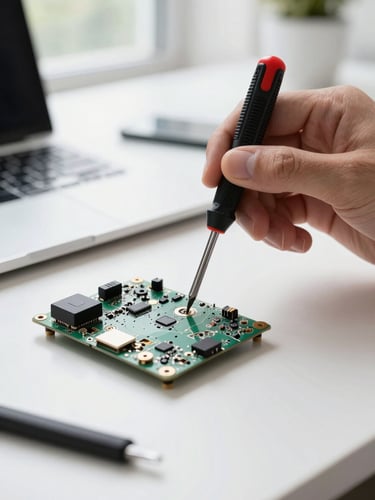 Macro close-up of precise hands using a small screwdriver to repair a laptop motherboard on a clean white desk, bright natural window light, professional repair tools visible.