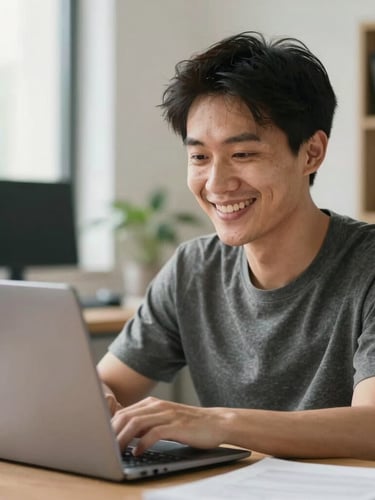 Close-up portrait of a friendly male IT technician in his late 30s smiling, natural bright daylight, clean home office background with a modern laptop open, warm and reassuring atmosphere.