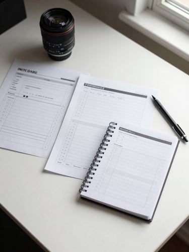 Overhead flat-lay of an organized desk with printed planning sheets, a task tracker notebook, and a mechanical pencil on a clean white surface under diffuse north-facing window light
