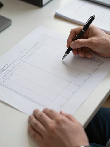 Close-up of hands arranging printed planning templates and a tracker sheet on a light desk surface, pen in motion, clear column structure visible on the sheets, natural north-facing office light, no faces