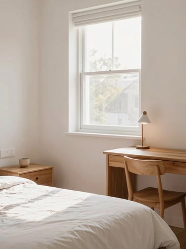 Bright and clean bedroom with soft natural daylight streaming through a window, warm terracotta accents, neat wooden desk, cozy single bed, inviting atmosphere, 35mm lens