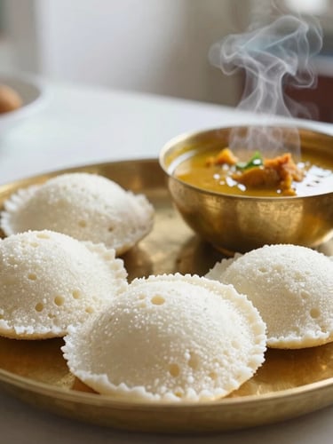 Close-up of traditional South Indian breakfast served on a brass plate, fresh idli and steaming sambar, warm morning light, domestic kitchen setting, shallow depth of field, 35mm lens