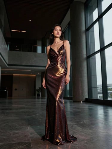 Elegant model in a shimmering evening dress, standing in a modern, high-ceilinged architectural interior, dramatic indoor window light from the right, full-body portrait, rich deep tones with gold accents, wide