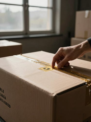Close-up of a hand placing a security seal on a large, branded shipping carton, in a clean, modern logistics facility, dramatic indoor window light, rich deep tones, gold accents, medium format