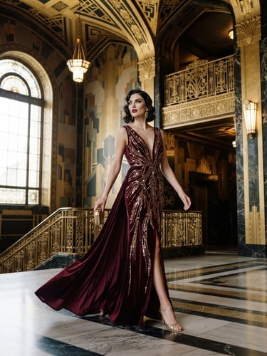Elegant model in a flowing burgundy evening gown, captured in a luxurious art deco interior setting with dramatic studio lighting, wide shot.