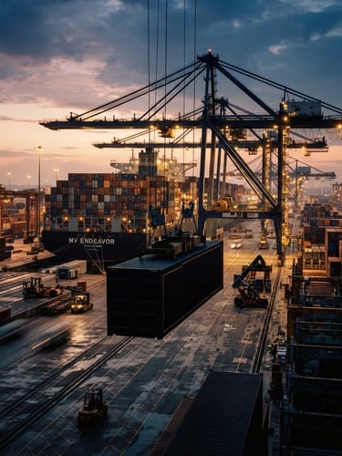 Wide shot of a modern, bustling cargo port at dawn, container ships and cranes, with a focus on a single, sleek container being loaded, high-contrast studio lighting, rich deep tones, gold accents, medium format