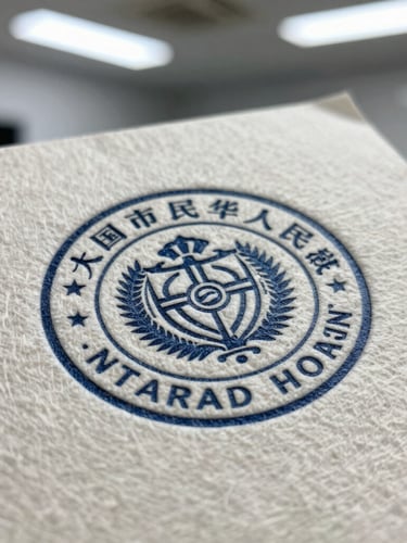 Extreme close-up of heavy, textured cotton paper with a blind-debossed corporate seal, cool overhead office lighting