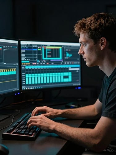 Low-key portrait of a professional editor in a dark studio room, viewed from the side. Soft neon cyan light from a dual-monitor setup illuminates their focused profile and hands poised over a mechanical editing keyboard, dark background.