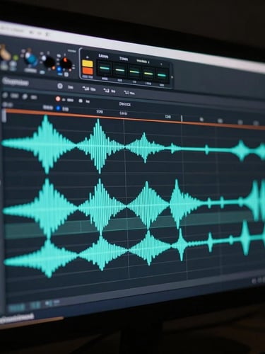 Macro shot of a complex audio editing timeline on a high-resolution glowing screen, waveforms in neon cyan, dark studio background