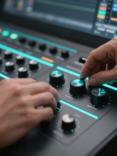 Close-up of professional hands adjusting a DaVinci Resolve color grading console panel, neon cyan ambient light, shallow depth of field, sharp focus on dials