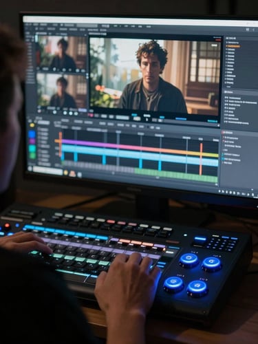 Low-key portrait of a professional colorist from behind, looking at a massive calibrated monitor glowing with a cinematic scene, hands resting on a DaVinci Resolve advanced panel with glowing blue trackballs, dark studio environment.