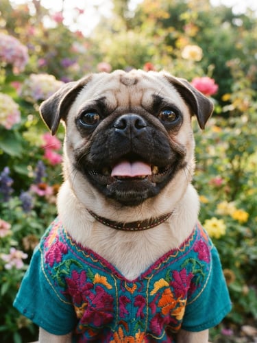 Close up of a happy pug wearing a colorful teal and magenta artisanal Mexican shirt, looking directly at the camera, bright natural daylight, outdoor garden setting