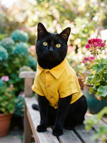Bright eye-level medium shot of a sleek black cat wearing a vibrant yellow linen shirt, looking comfortable and curious, warm natural lighting, shallow depth of field.
