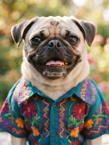 Close-up of a happy pug wearing a custom-tailored colorful teal and magenta Mexican artisanal shirt, looking directly at the camera, warm natural daylight, shallow depth of field