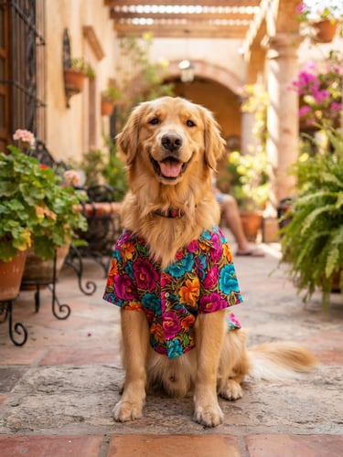 A happy golden retriever wearing a bright teal and magenta floral Mexican-style shirt, sitting in a sunlit patio in Celaya, natural daylight, soft focus background, high-quality pet photography
