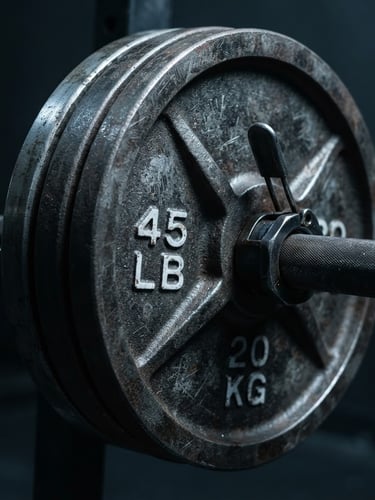 Dramatic athletic photography, close-up of heavy iron plates on a barbell, cool lateral lighting, deep slate grey tones, 35mm lens