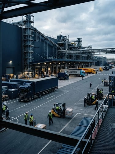 Wide-angle editorial corporate photography of a high-contrast industrial logistics yard under sharp overcast daylight, deep navy tones, architectural framing, 35mm