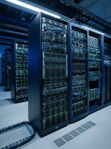 High-end server racks with soft green LED indicators in a clean datacenter, cool bright studio lighting with subtle deep blue ambient glows, sharp focus, 35mm